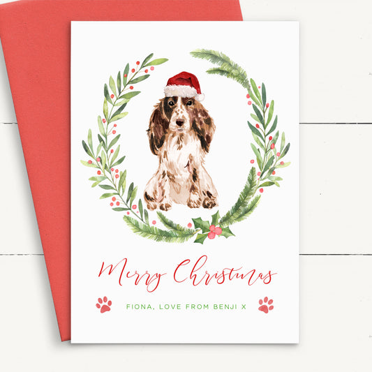 cocker spaniel christmas card from the dog personalised santa hat red envelope matte white cardstock