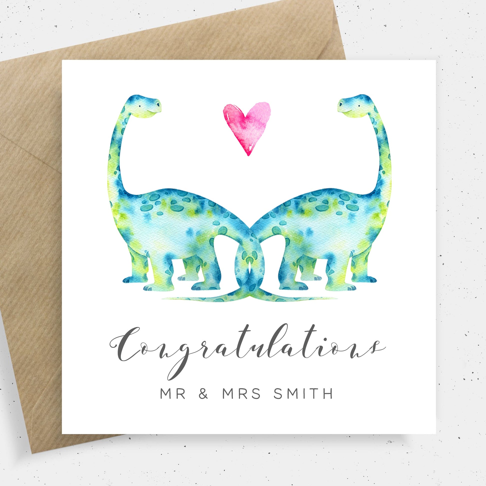 wedding card dinosaurs watercolour congratulations personalised white cardstock kraft brown envelope