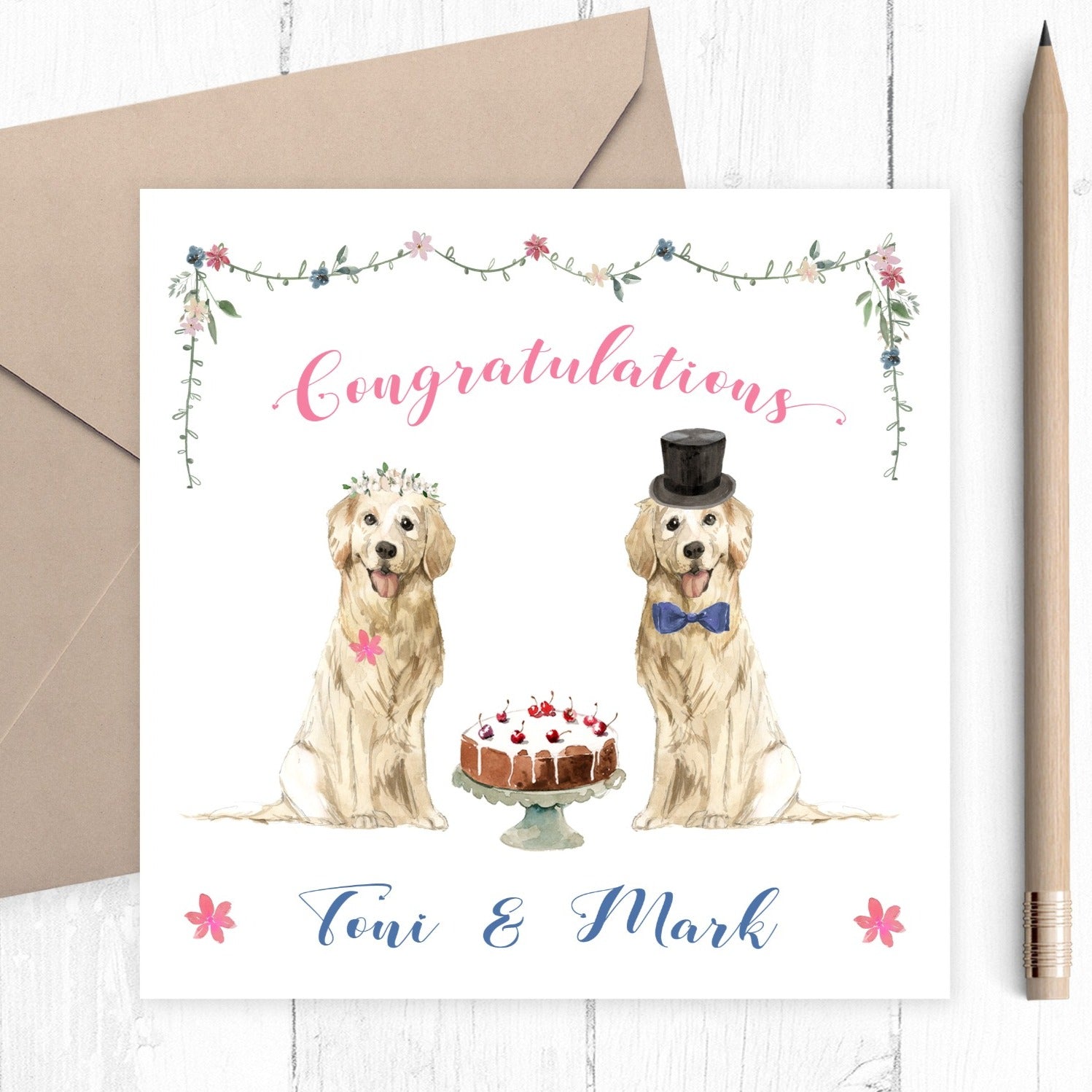 congratulations wedding card dogs golden retriever personalised matte cardstock kraft brown envelope