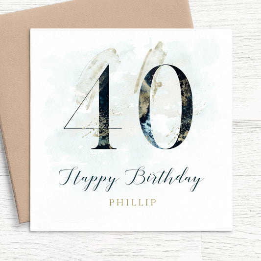 mens navy 40th birthday card personalised smooth matte white cardstock kraft brown envelope