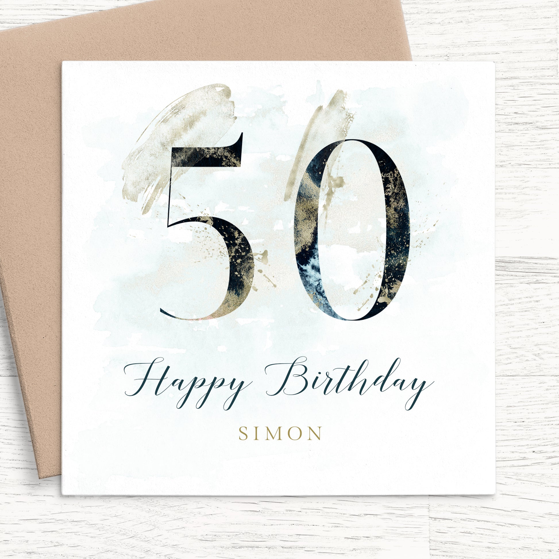 black 50th birthday card personalised with name square white cardstock kraft brown envelope