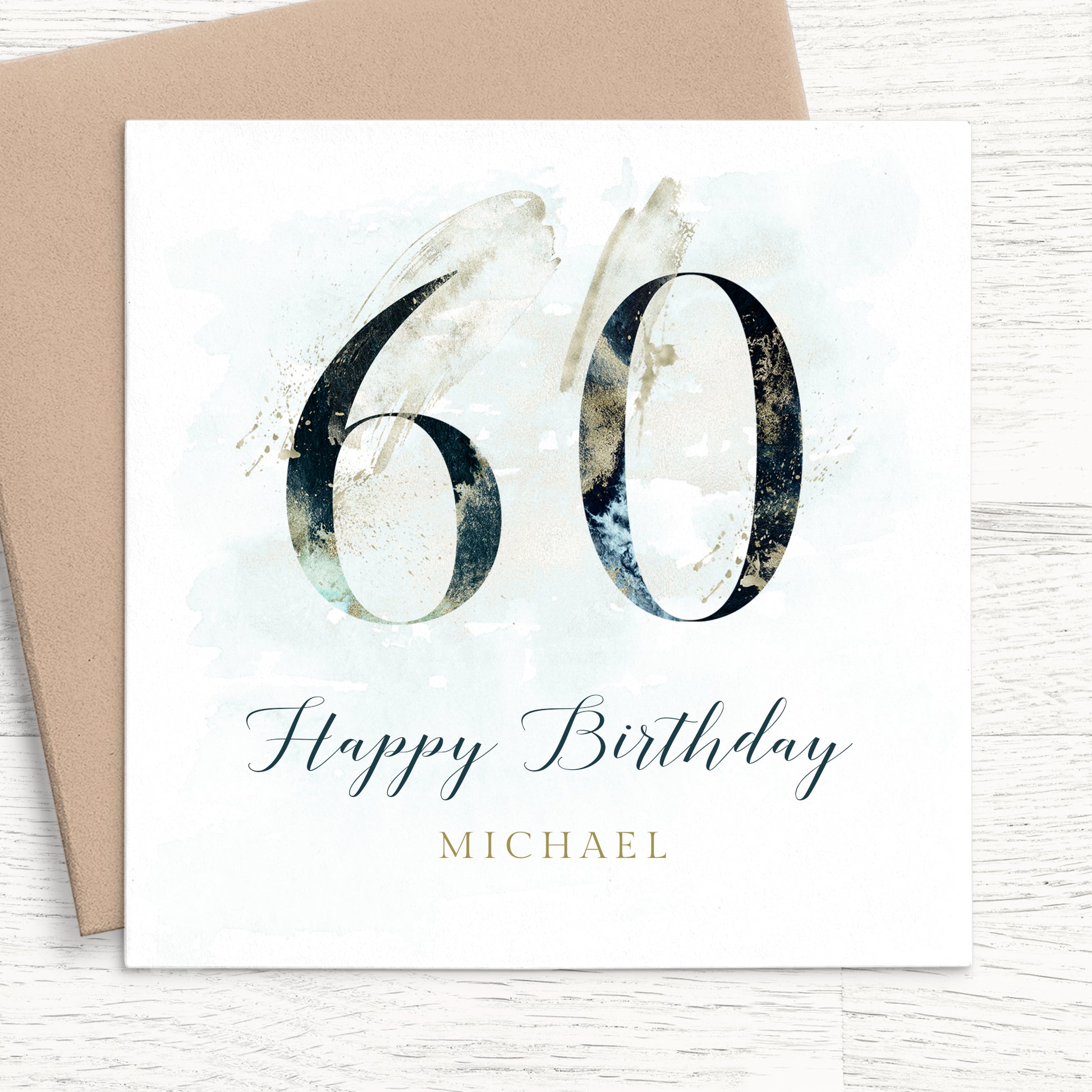 mens navy 60th birthday card personalised smooth matte white cardstock kraft brown envelope