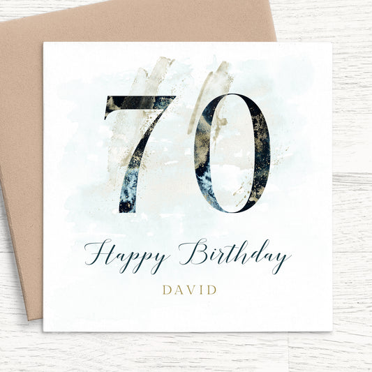 mens navy 70th birthday card personalised smooth matte white cardstock kraft brown envelope