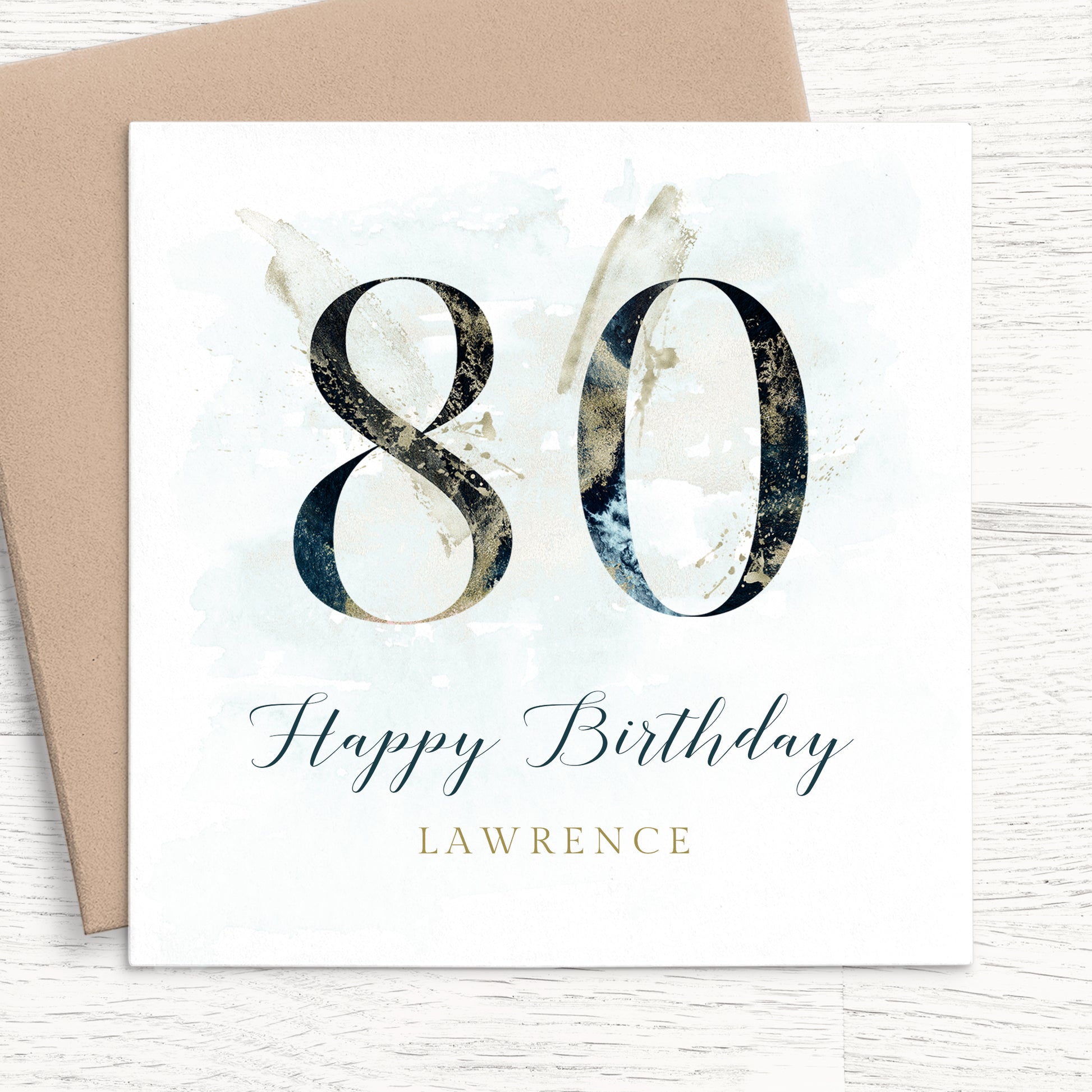 mens navy 80th birthday card personalised smooth matte white cardstock kraft brown envelope