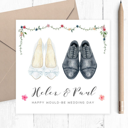 watercolour bride and groom shoes wedding card personalised matte smooth white cardstock kraft brown envelope