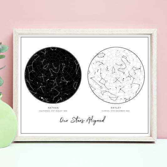 star map couple birth dates our stars aligned white black personalised matte paperstock unframed