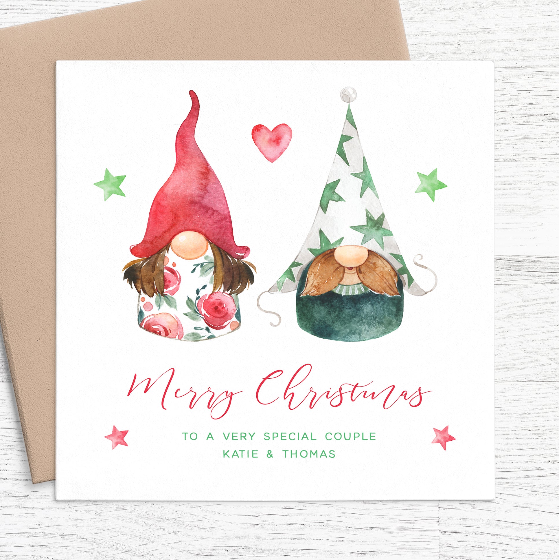 gonk gnome couple merry christmas personalised christmas card matte white cardstock kraft brown envelope boy girl man woman couple partners