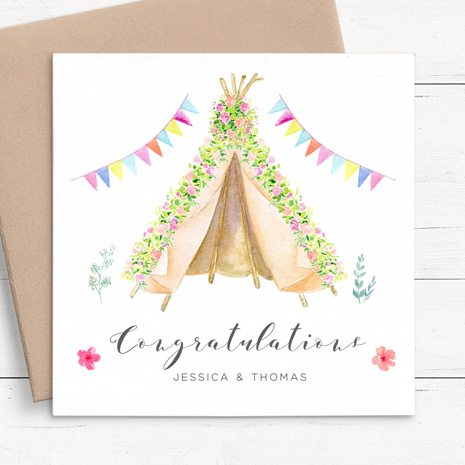 watercolour teepee tent wedding card couple personalised square white cardstock kraft brown envelope