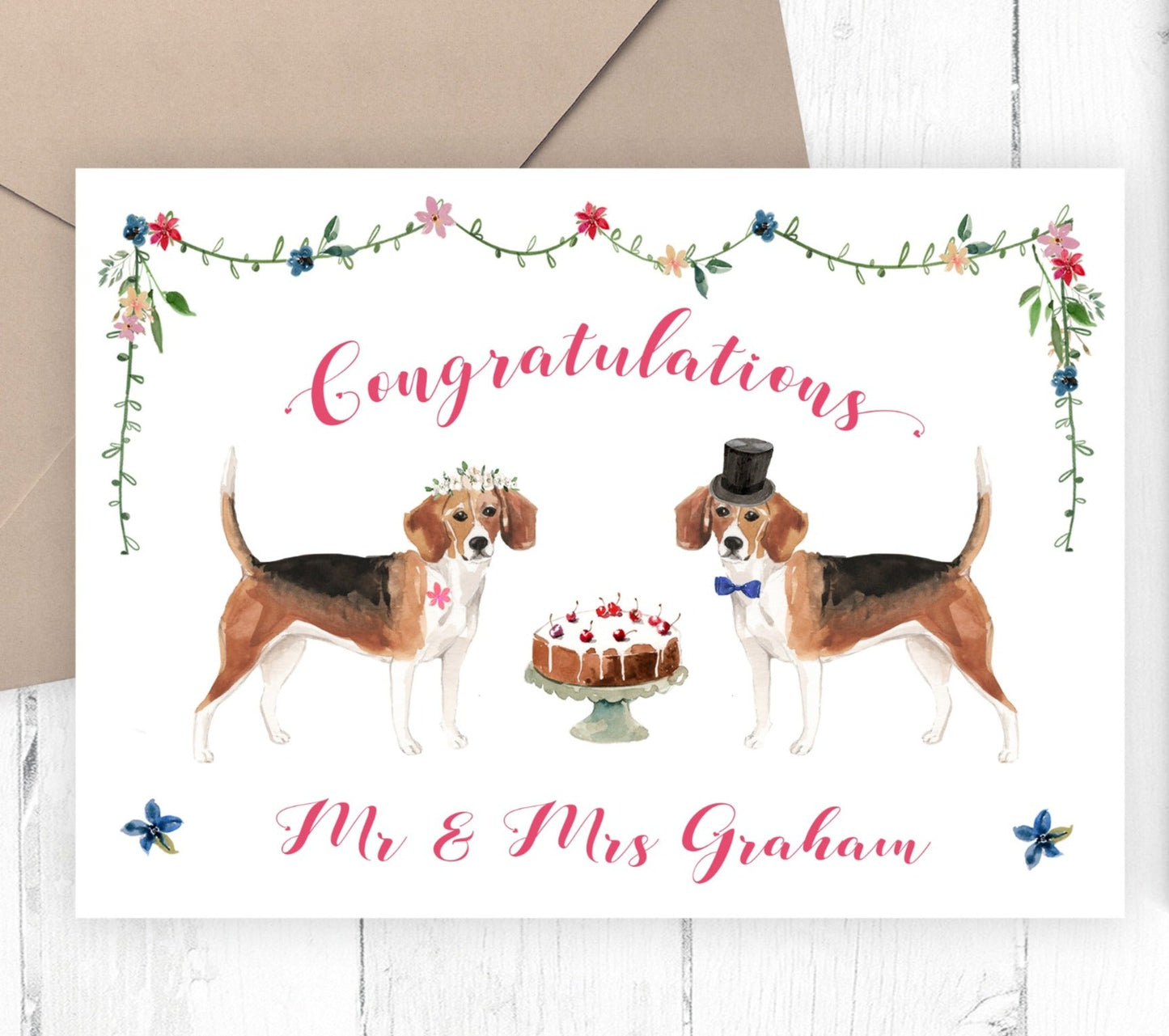 watercolour beagle wedding card for couple personalised matte smooth white cardstock kraft brown envelope