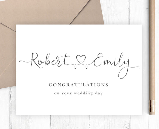 black and white heart names couple wedding card personalised matte smooth white cardstock kraft brown envelope