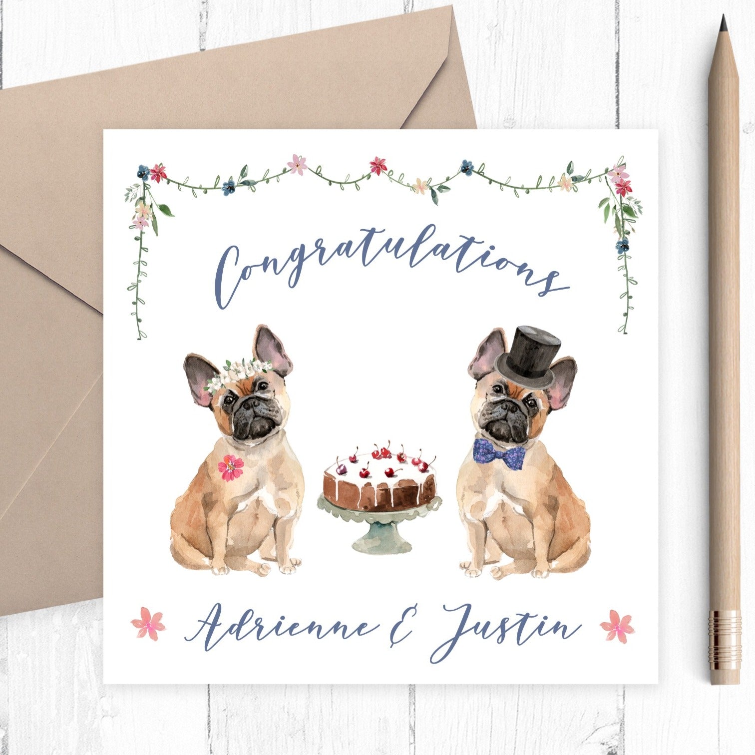 watercolour french bulldog wedding card for couple personalised matte smooth white cardstock kraft brown envelope
