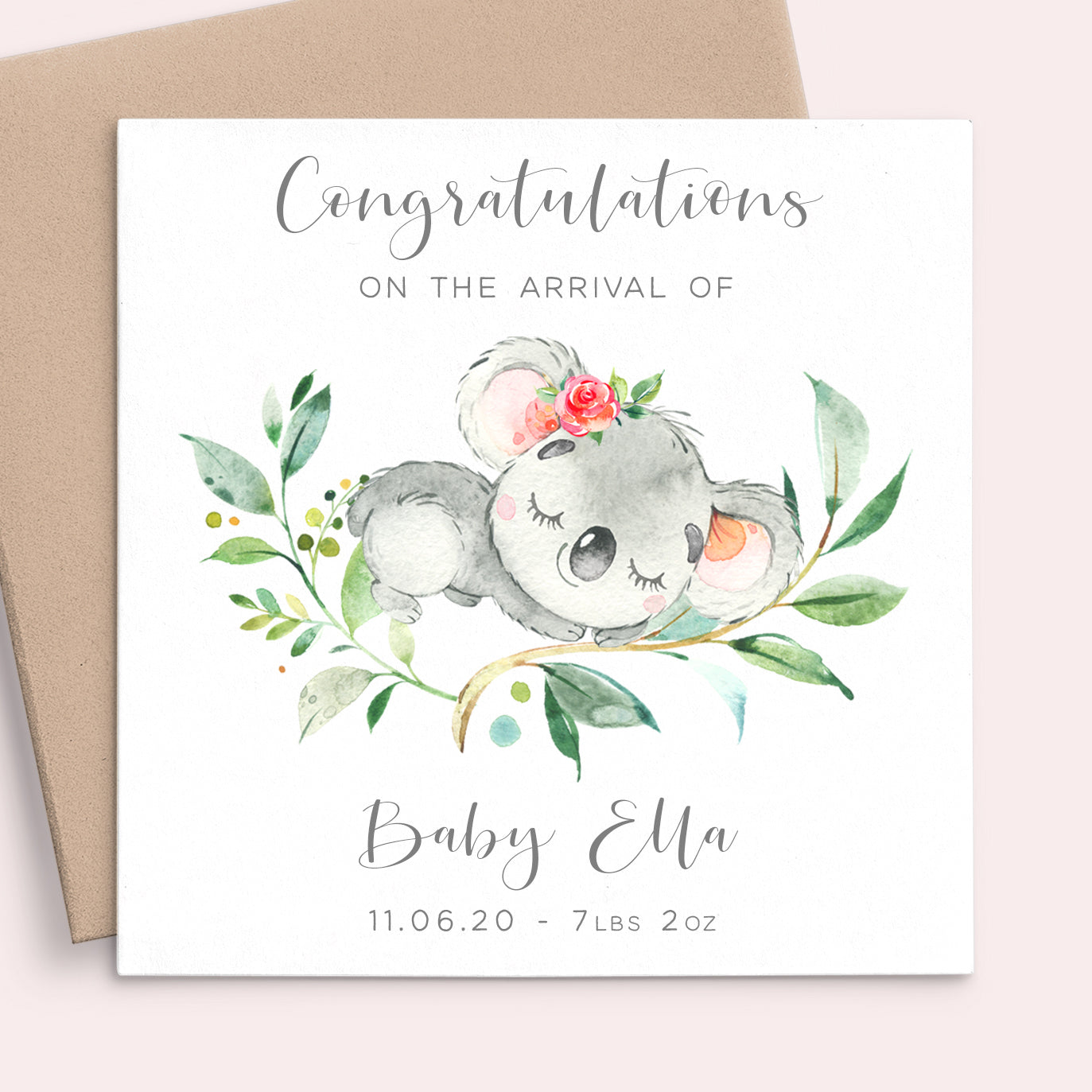 Personalised New Baby Greeting Card Girl, Pink Koala Design