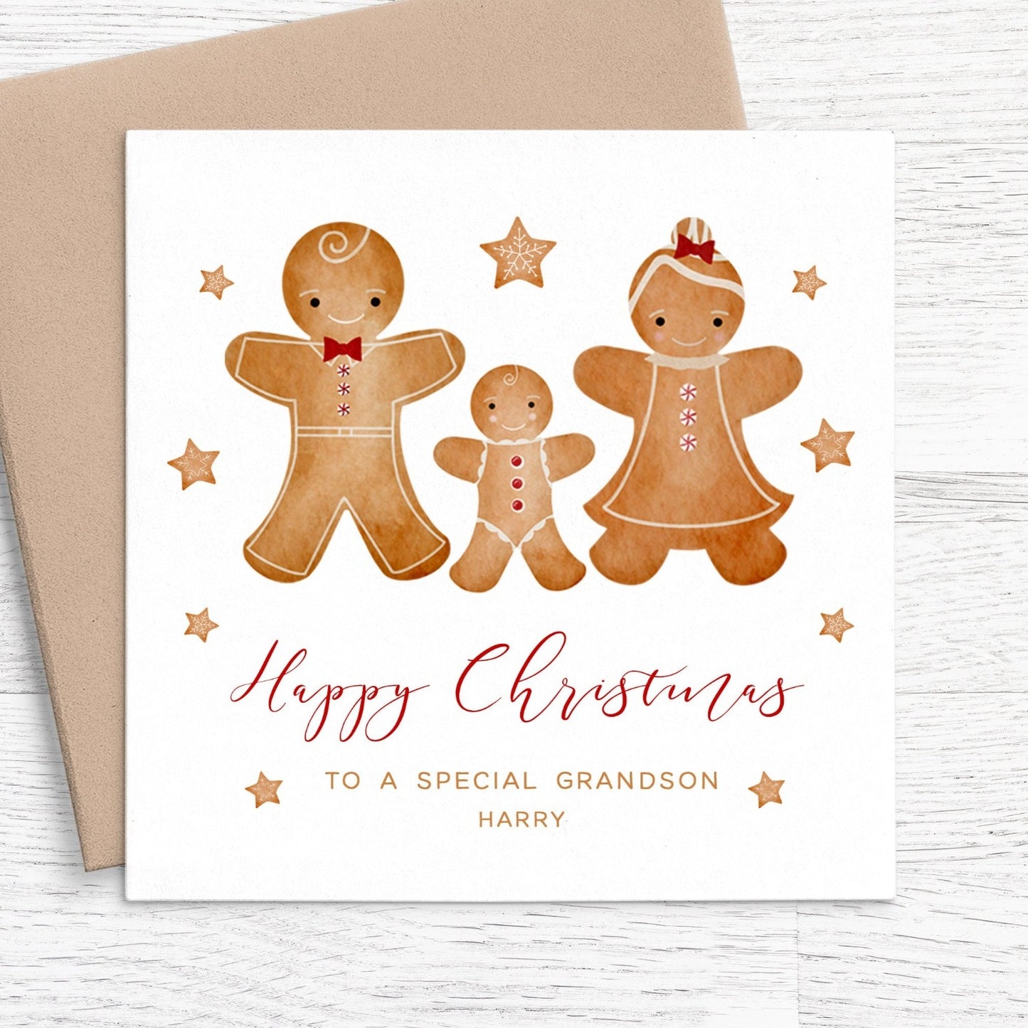 gingerbread happy christmas grandson or granddaughter card personalised kraft brown envelope matte white cardstock