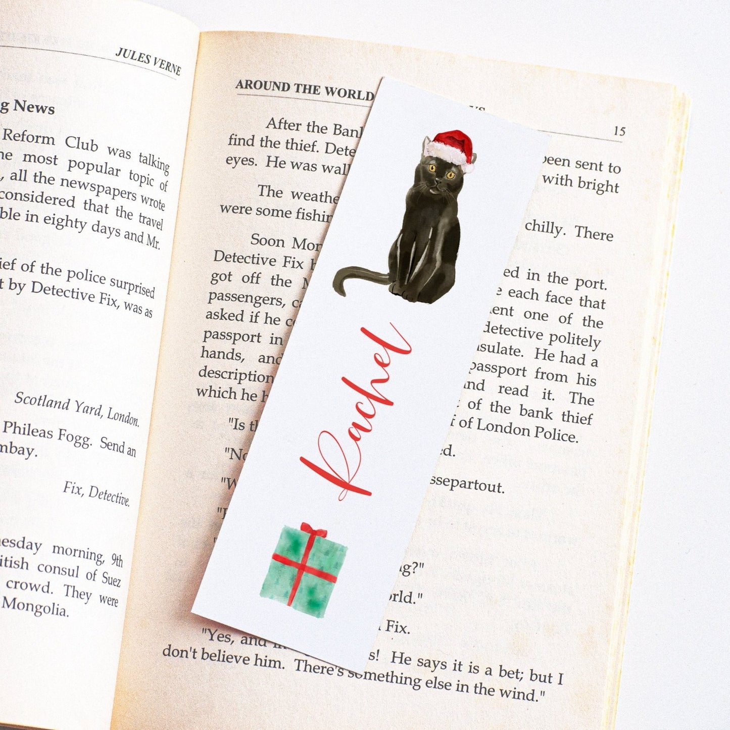 personalised watercolour cat christmas bookmark women matte white smooth cardstock