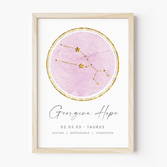 unframed personalised taurus zodiac print blush pink and gold watercolour constellation matte white paperstock