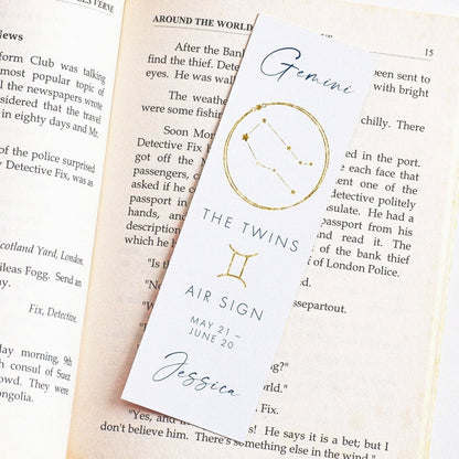 gemini personalised gold navy zodiac bookmark for women matte white smooth cardstock