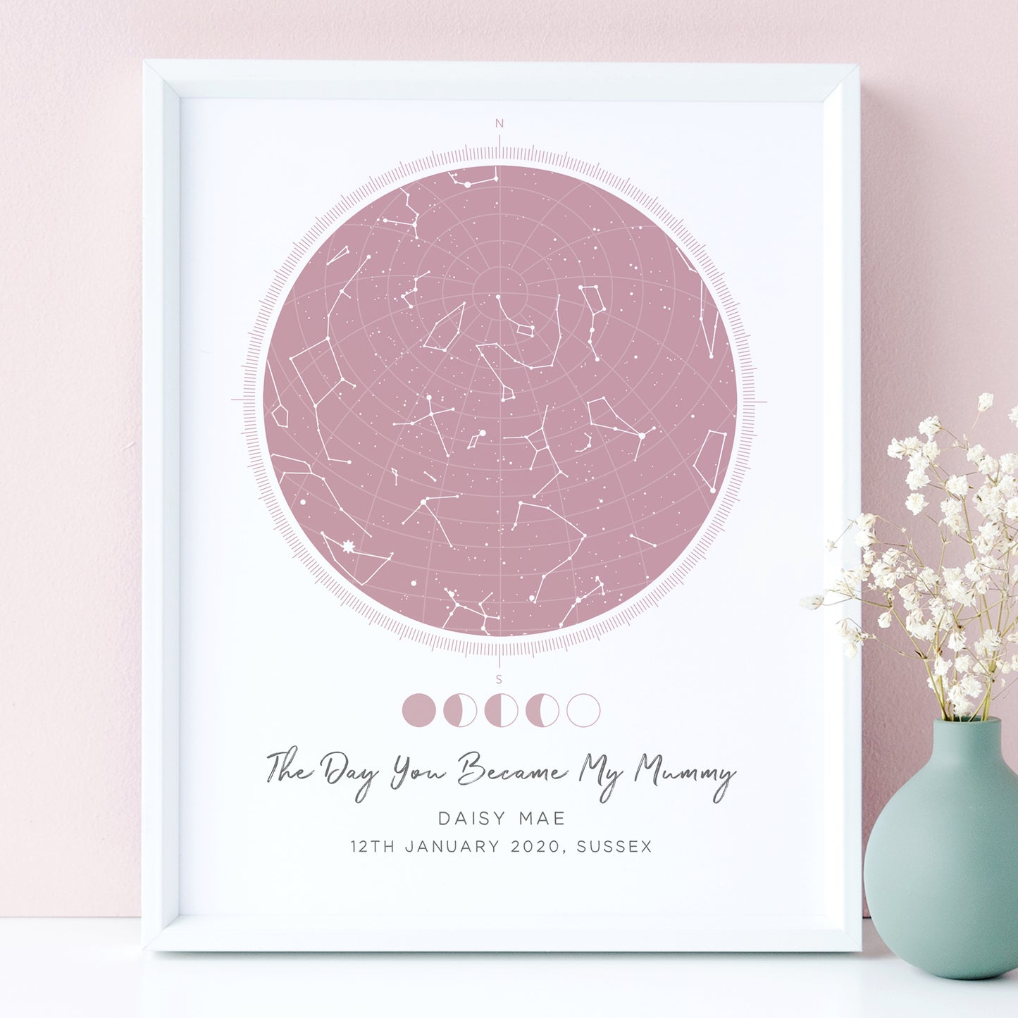 blush pink personalised star map print the day you became my mummy matte paperstock unframed