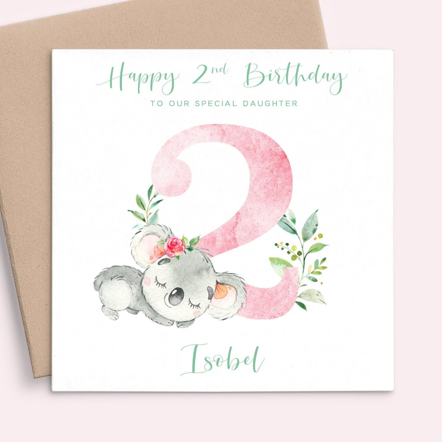 watercolour pink koala 2nd birthday card personalised girl daughter granddaughter matte white cardstock kraft brown envelope