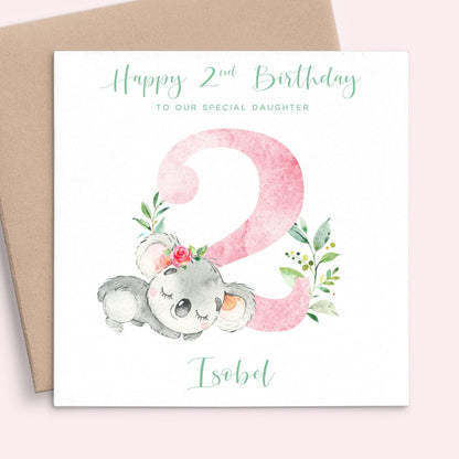 watercolour pink koala 2nd birthday card personalised girl daughter granddaughter matte white cardstock kraft brown envelope