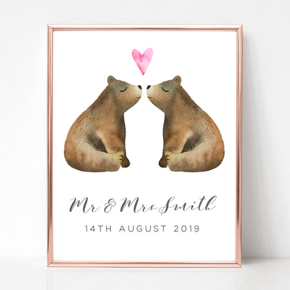 watercolour bear couple print personalised matte smooth white paperstock unframed