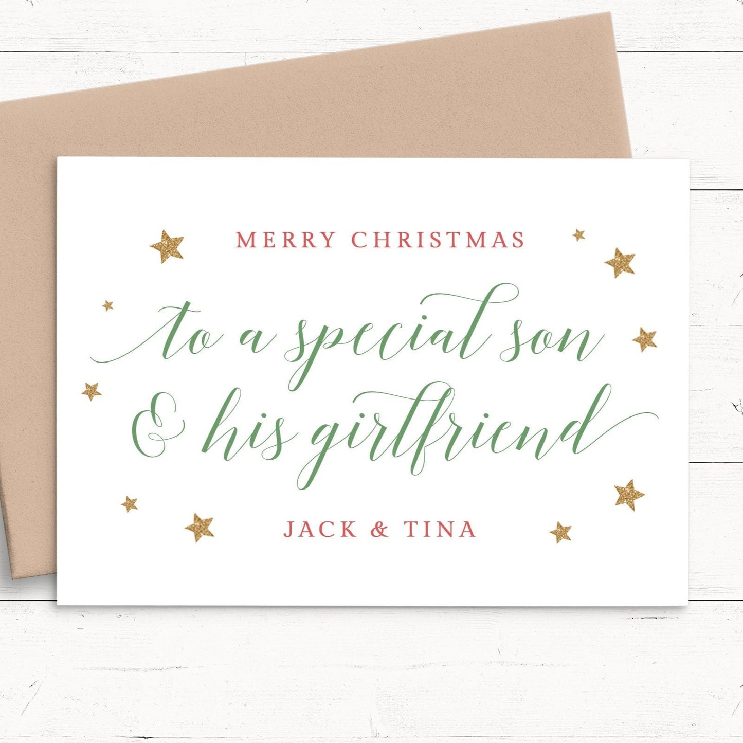 merry christmas special son and girlfriend personalised christmas card matte white cardstock kraft brown envelope boy man son girlfriend couple partners