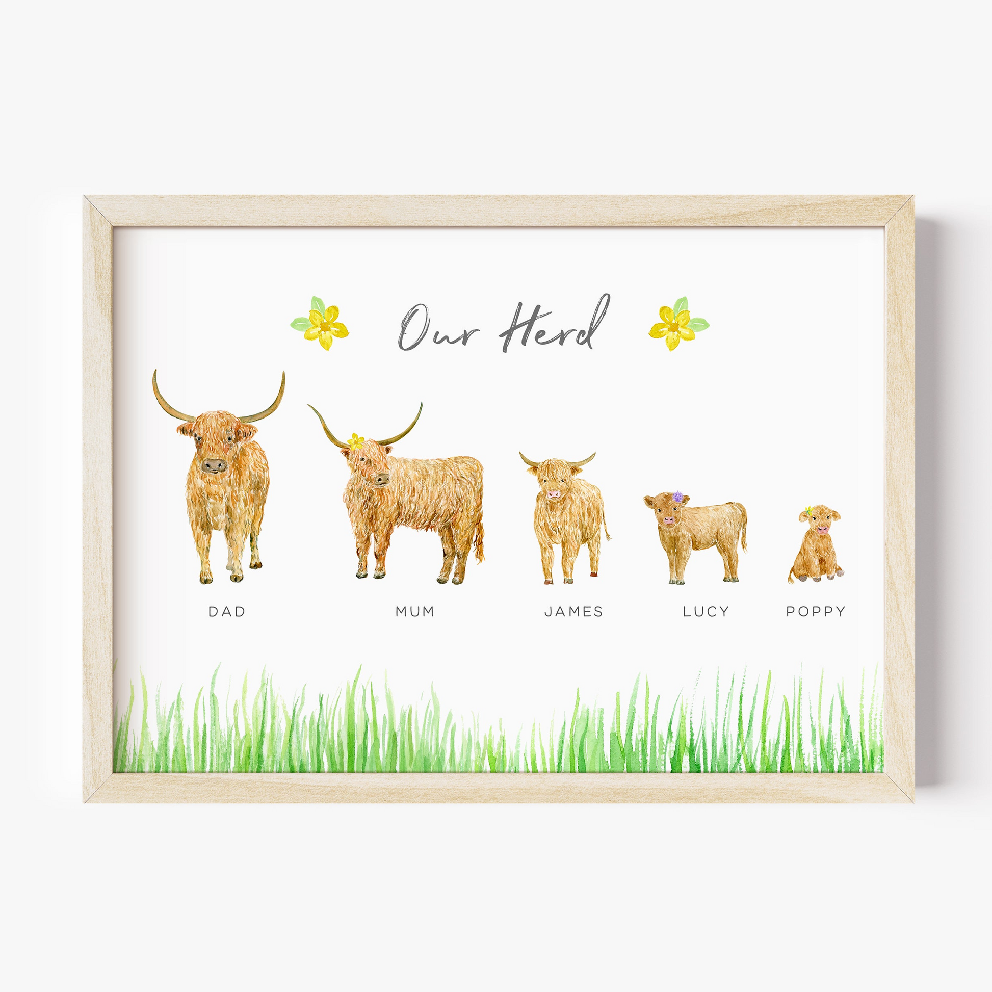 watercolour highland cow family print personalised matte smooth white paperstock unframed