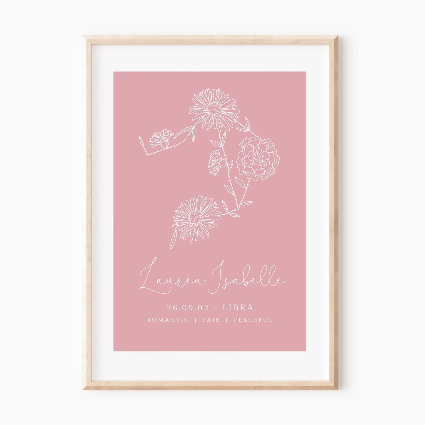 libra zodiac birth flower line art print personalised with name and date background colour of your choice matte paperstock unframed