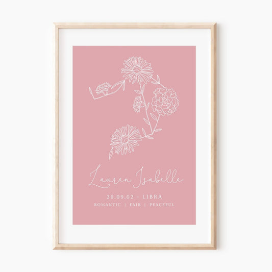 libra zodiac birth flower line art print personalised with name and date background colour of your choice matte paperstock unframed