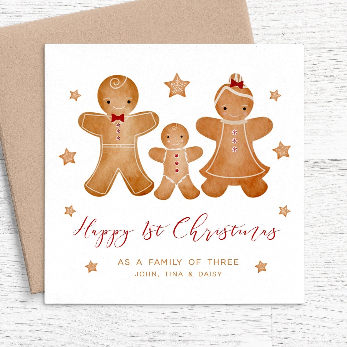 gingerbread happy 1st christmas as a family of three card personalised kraft brown envelope matte white cardstock