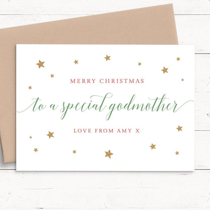 merry christmas special godmother personalised christmas card matte white cardstock kraft brown envelope woman god-mother