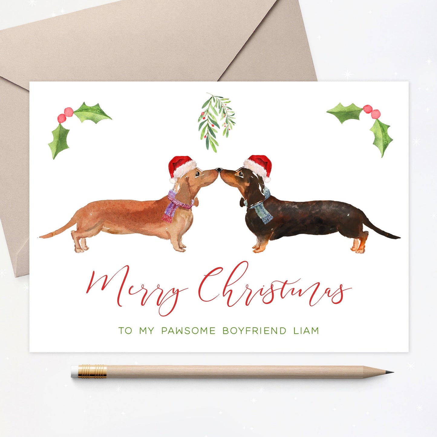 merry christmas to my pawsome boyfriend dachshund sausage dog card personalised kraft brown envelope matte white cardstock