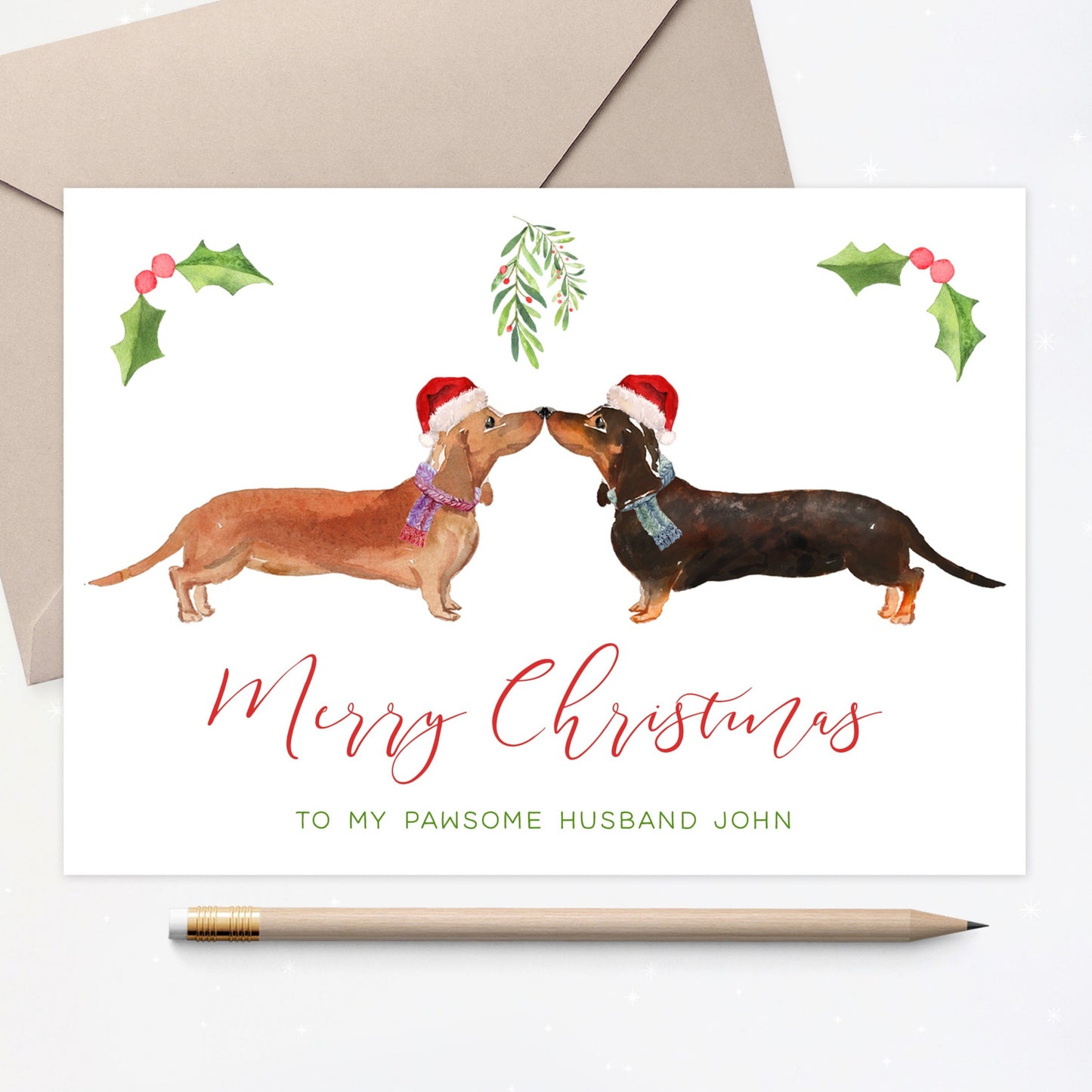 sausage dog dachshund merry christmas husband pun matte white cardstock kraft brown envelope husband man