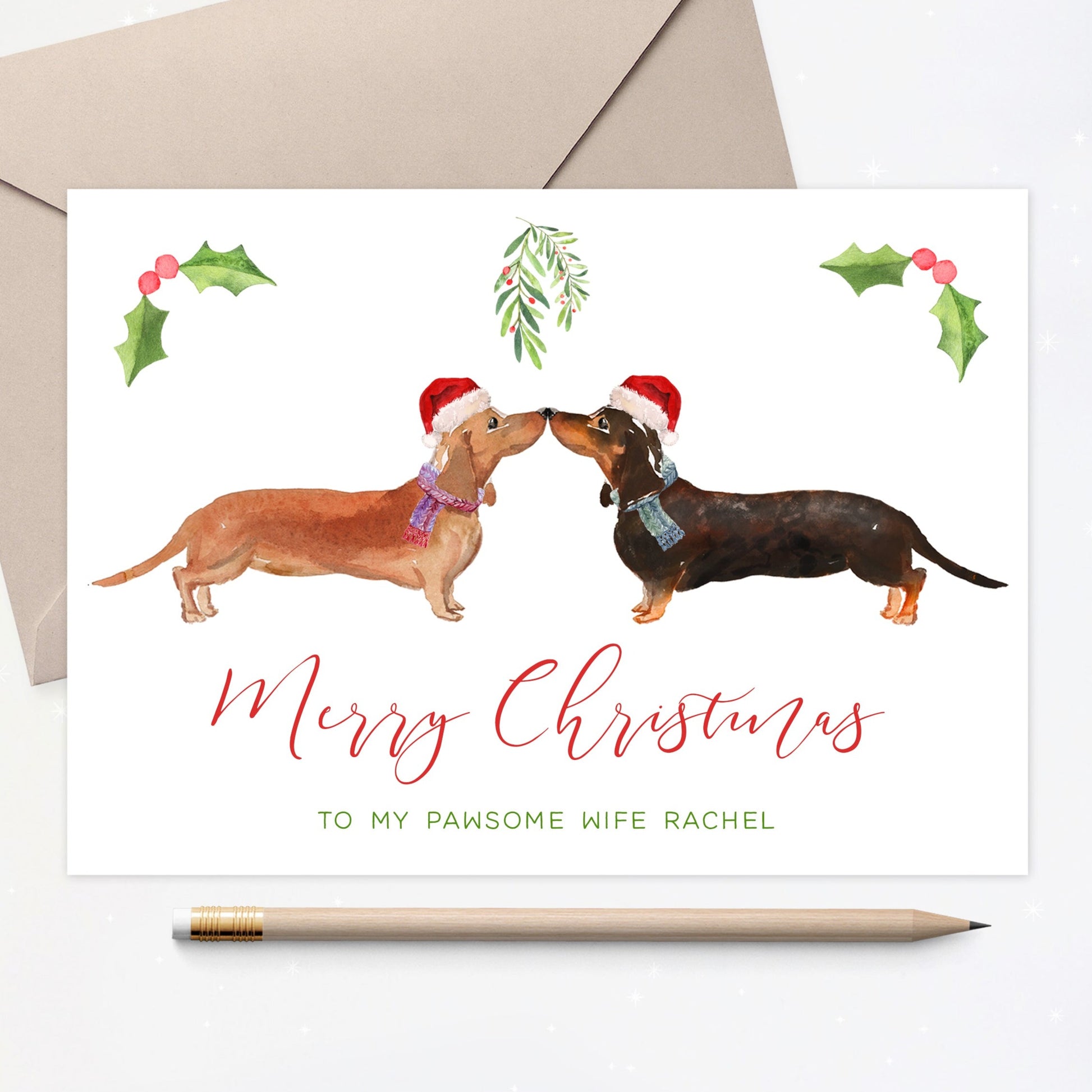 sausage dog dachshund merry christmas wife pun christmas card matte white cardstock kraft brown envelope