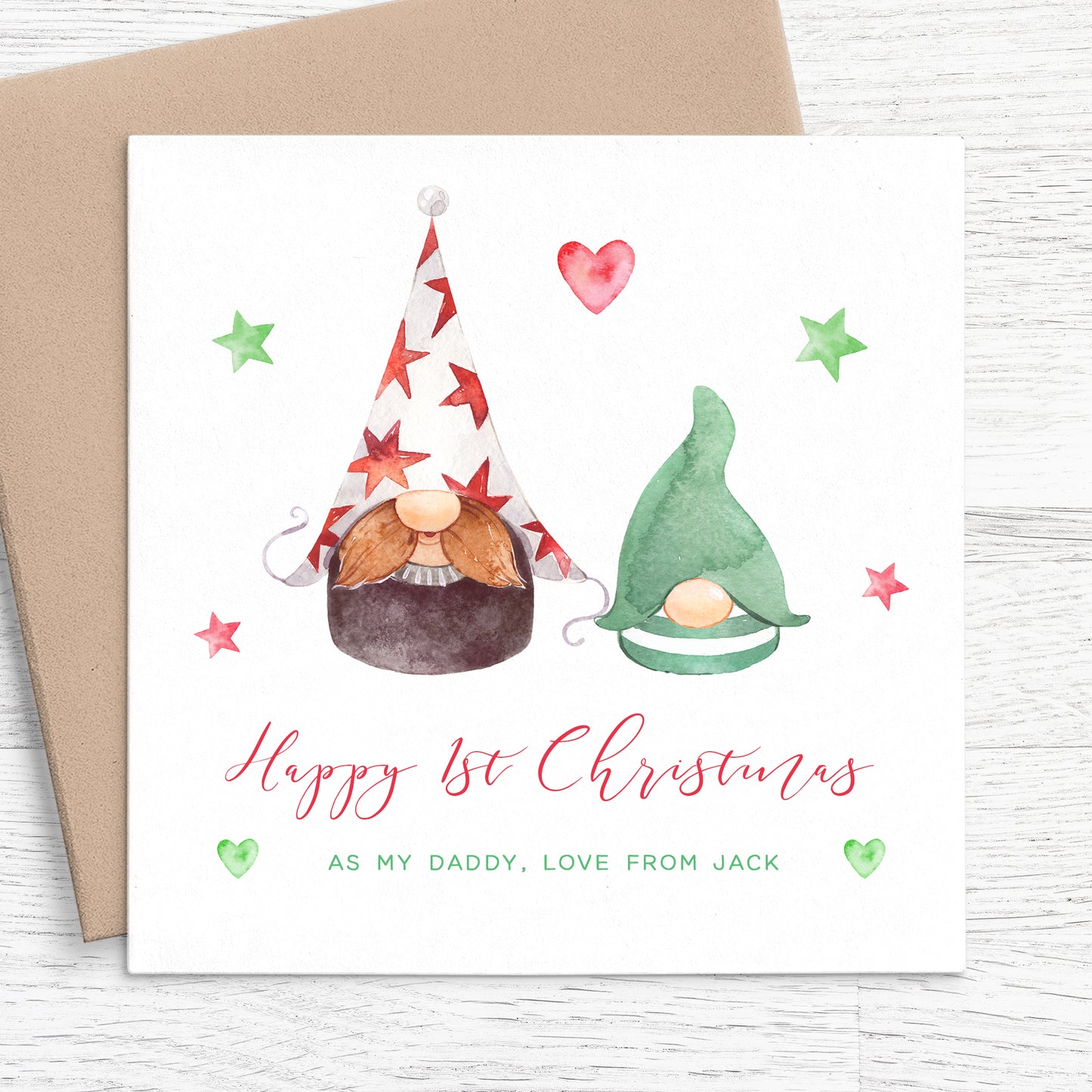 gonk gnome first christmas as my dad personalised christmas card matte white cardstock kraft brown envelope boy girl father