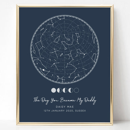the day you became my daddy personalised star constellation map print navy blue unframed matte paperstock