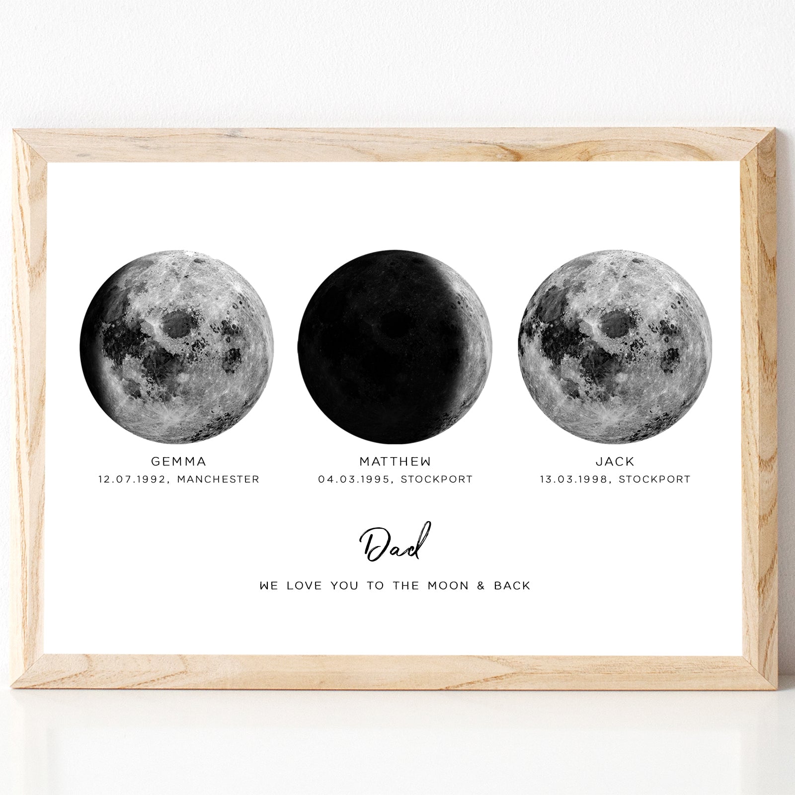 black and white birth dates moon phases print for dad personalised matte smooth white paperstock unframed