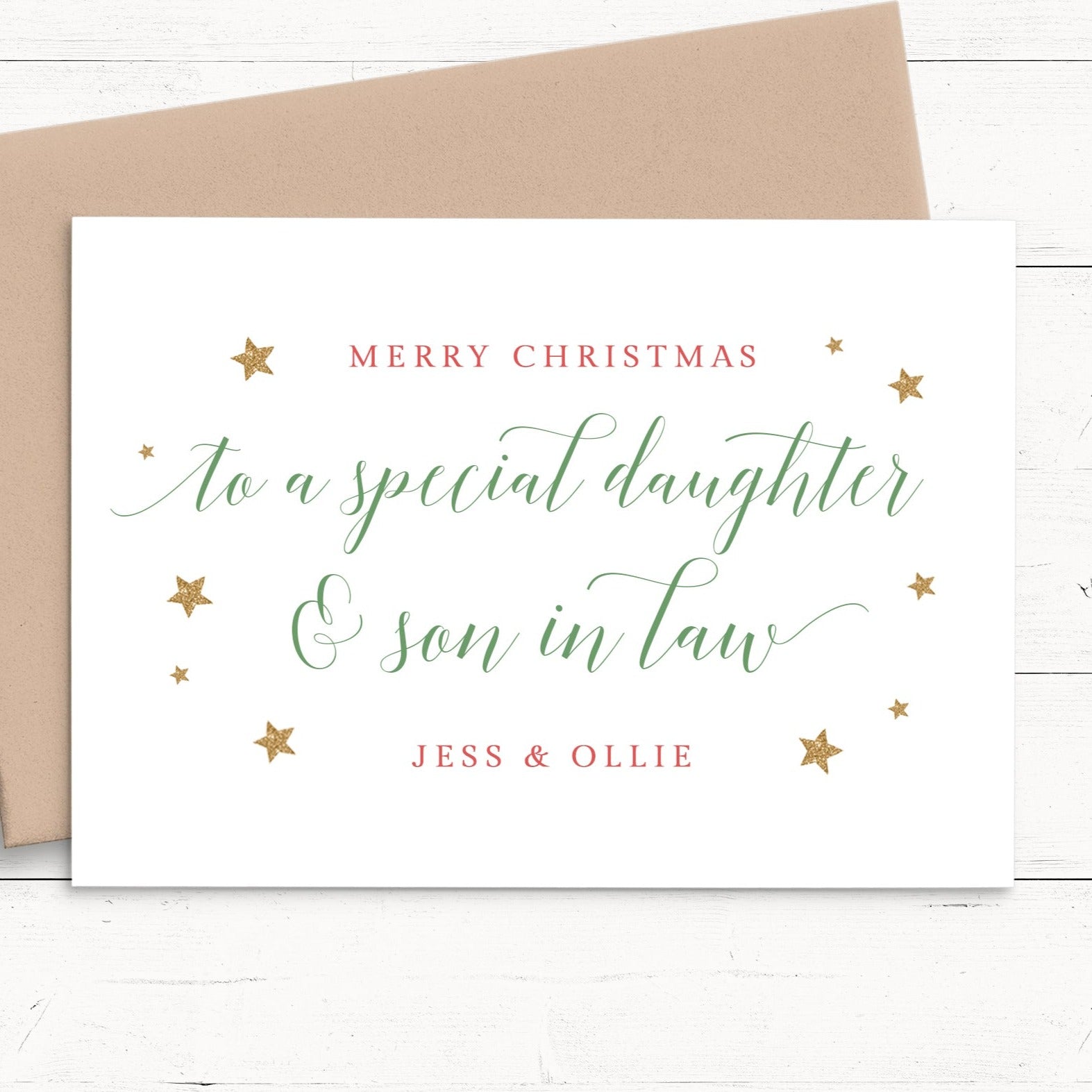 merry christmas to a special daughter and son in law card personalised matte white cardstock kraft brown envelope