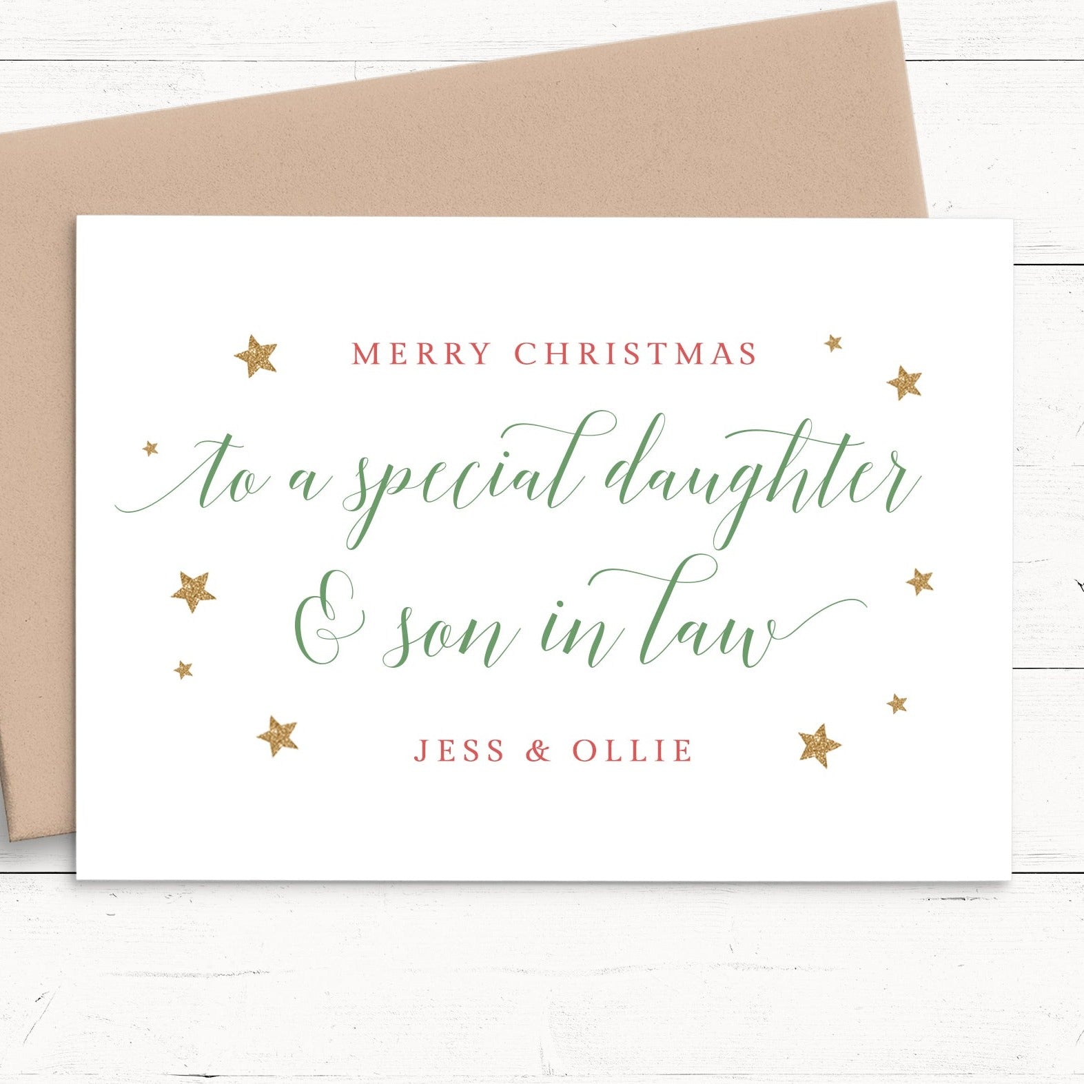 son and daughter in law merry christmas personalised christmas card matte white cardstock kraft brown envelope boy girl son daughter in-laws