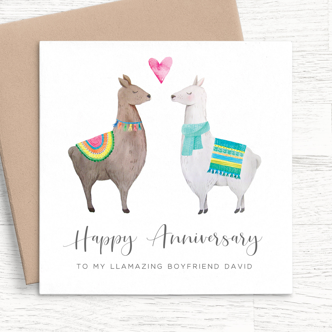 llamas happy anniversary personalised matte white cardstock kraft brown envelope