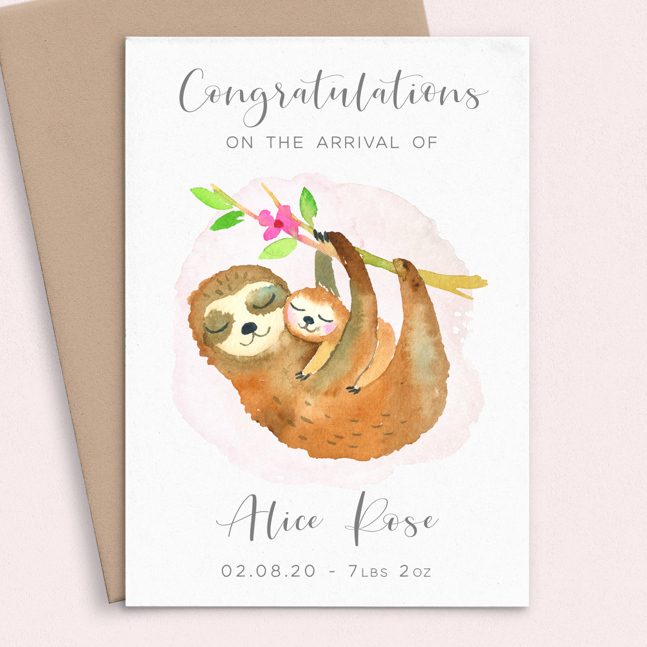 New Baby Girl Card Personalised, Pink Watercolour Sloth Design