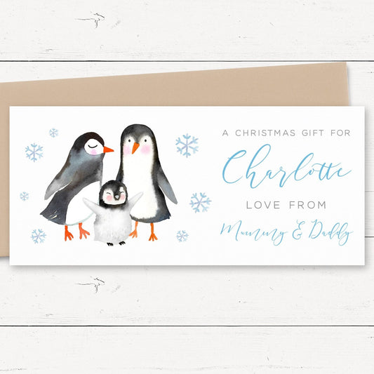 penguin personalised christmas money wallet card matte white smooth cardstock kraft envelope son daughter boys girls