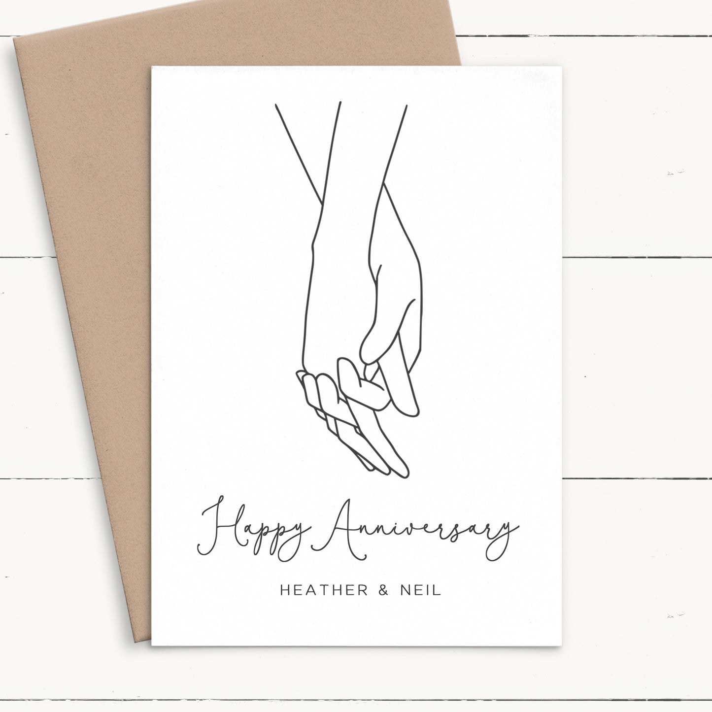 couple holding hands anniversary line art card personalised matte white smooth cardstock kraft brown envelope