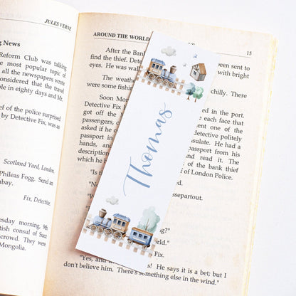 personalised watercolour trains bookmark for boys matte smooth white cardstock 