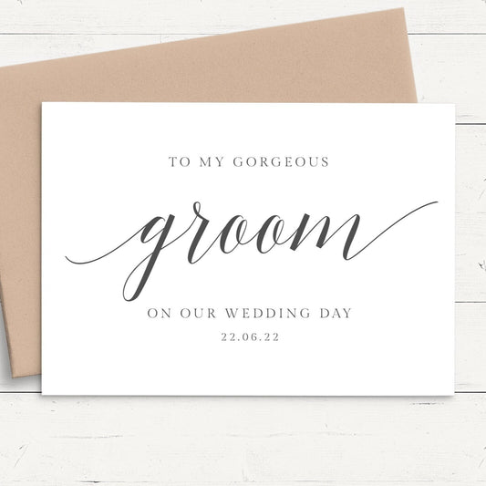 personalised wedding card black and white modern script to the groom white cardstock kraft brown envelope