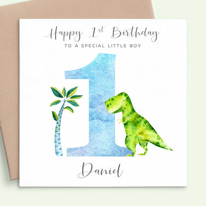 Blue watercolour dinosaur first birthday card special little boy personalised with name square white cardstock kraft brown envelope