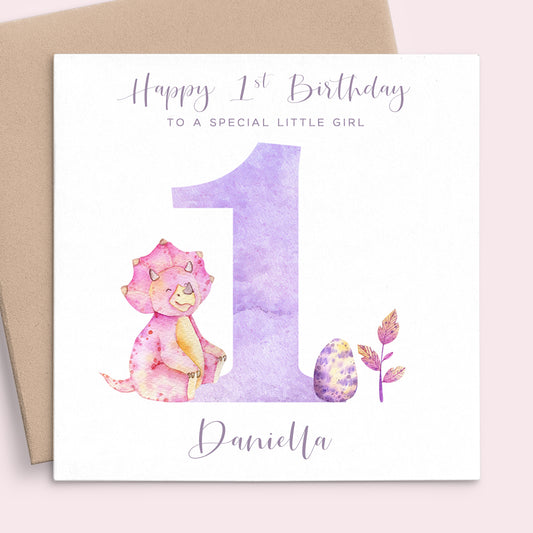 pink purple watercolour dinosaur first birthday card special little girl personalised with name square white cardstock kraft brown envelope