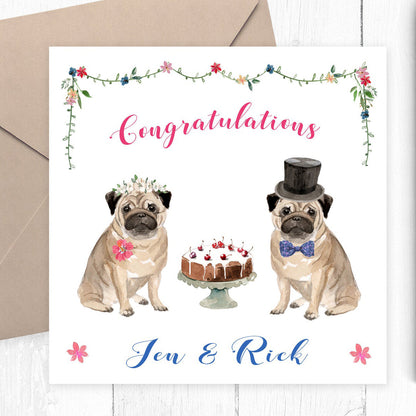watercolour pug wedding card for bride and groom personalised matte smooth white cardstock kraft brown envelope