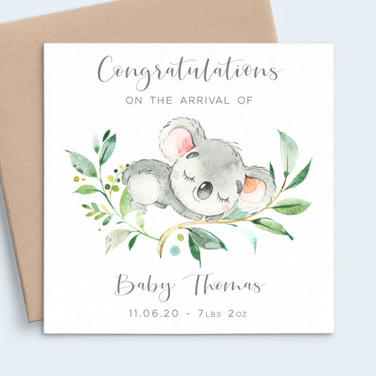 new baby boy koala watercolour square card personalised matte white cardstock kraft brown envelope