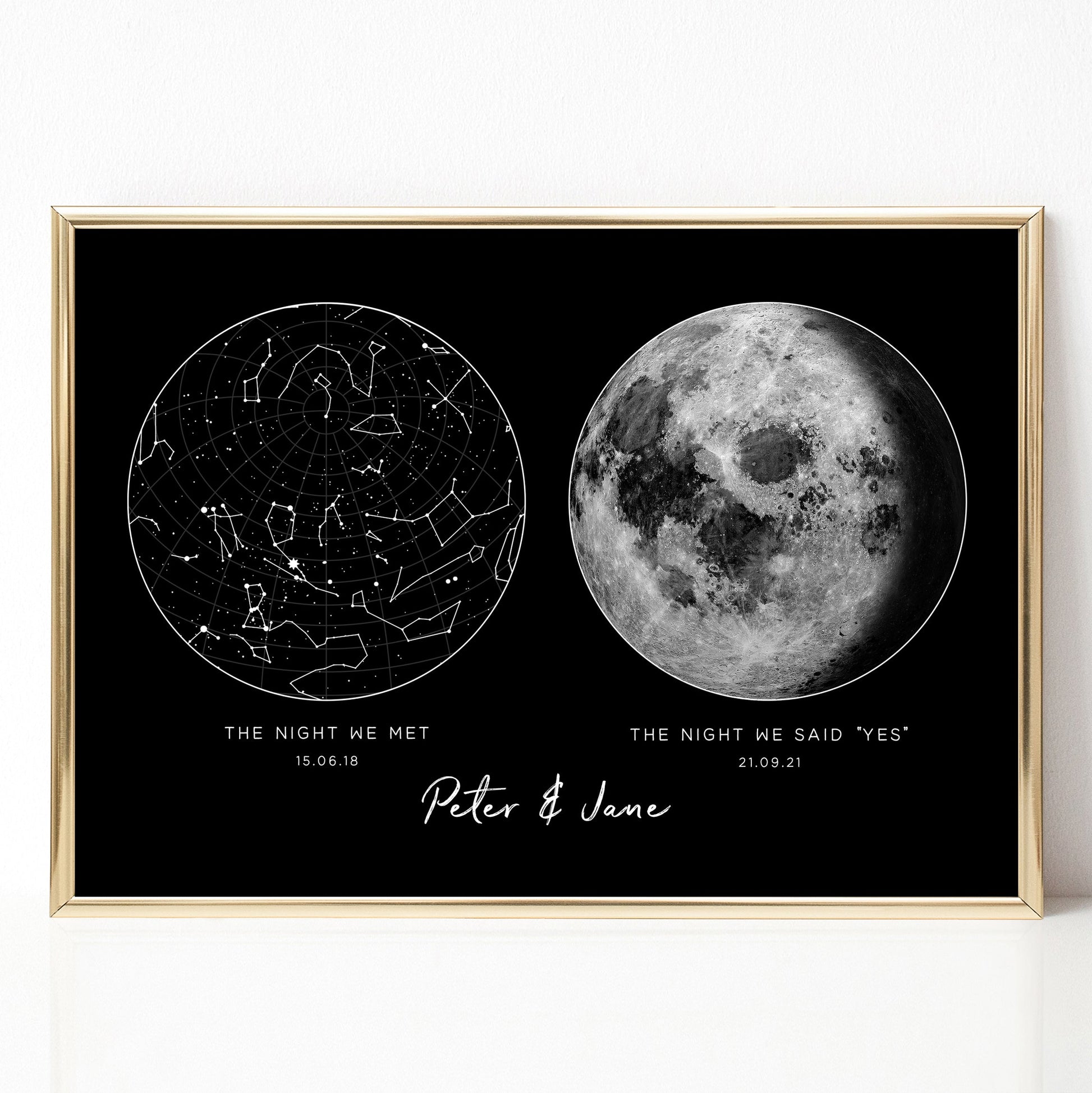 moon phase and star map print black personalised couple anniversary engagement gift matte paperstock unframed