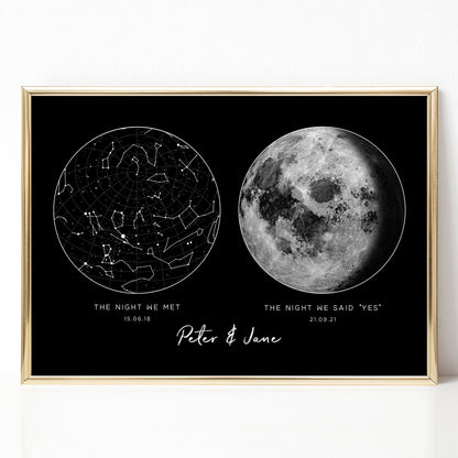 moon phase and star map print black personalised couple anniversary engagement gift matte paperstock unframed